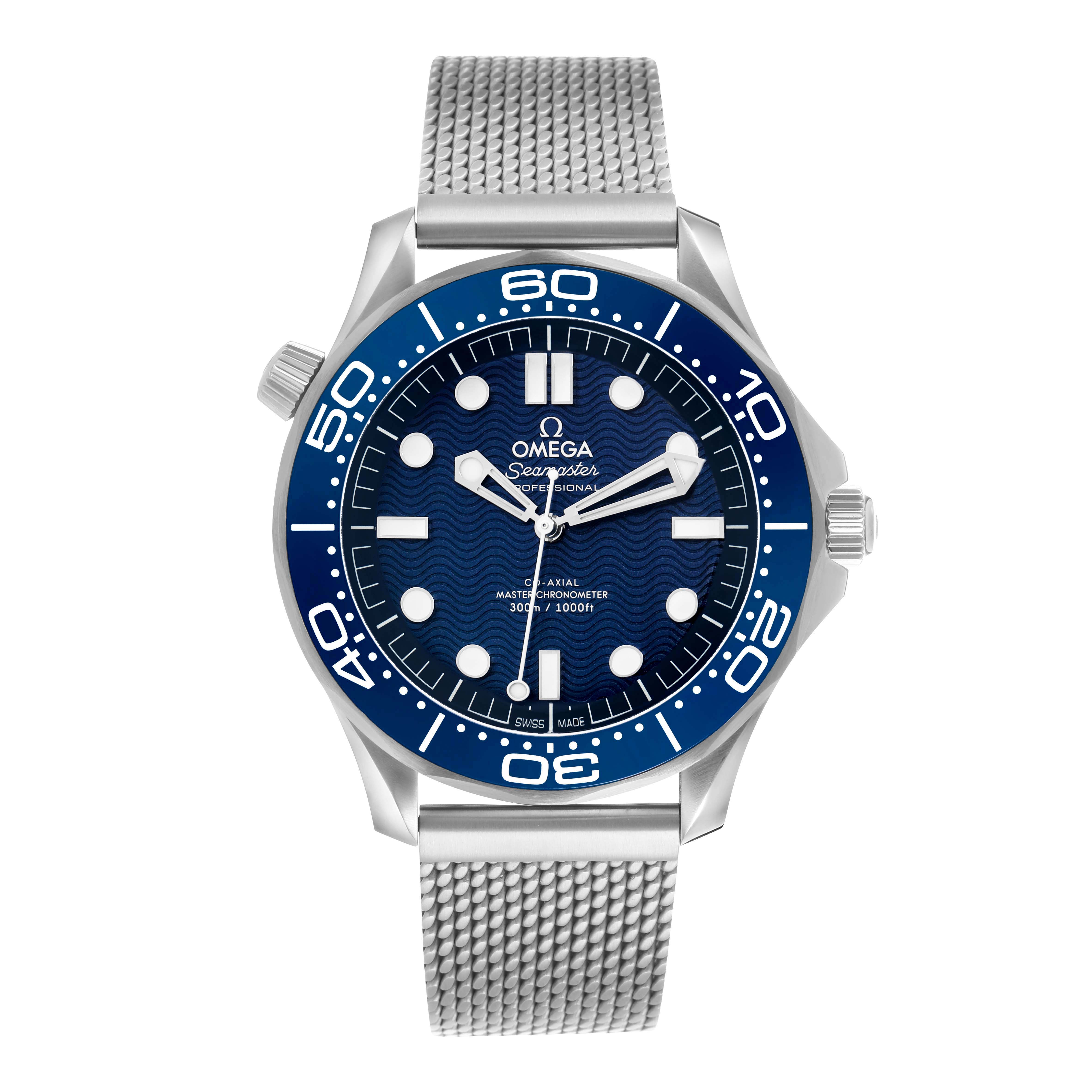 The Omega Seamaster 210.30.42.20.03.002 Men's Stainless Steel Blue Dial watch is shown from a front angle, highlighting the dial, bezel, and mesh bracelet.